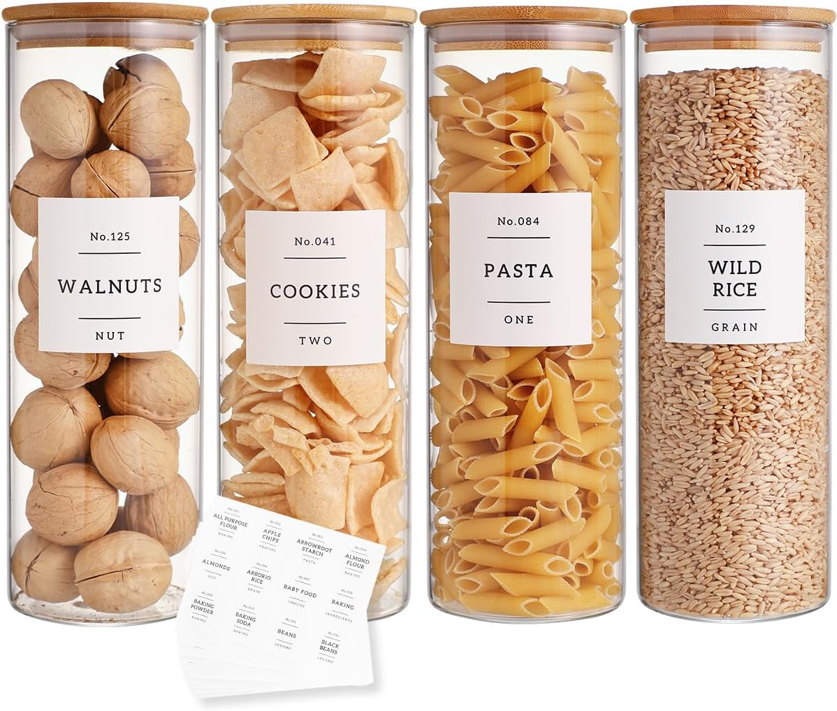 4 Pack Glass Jar with Airtight Wood Lid and White 132 Kichen Pantry Labels Preprinted - 38 Oz Clear Round Glass Food Storage Containers set For Cereal Rice Sugar