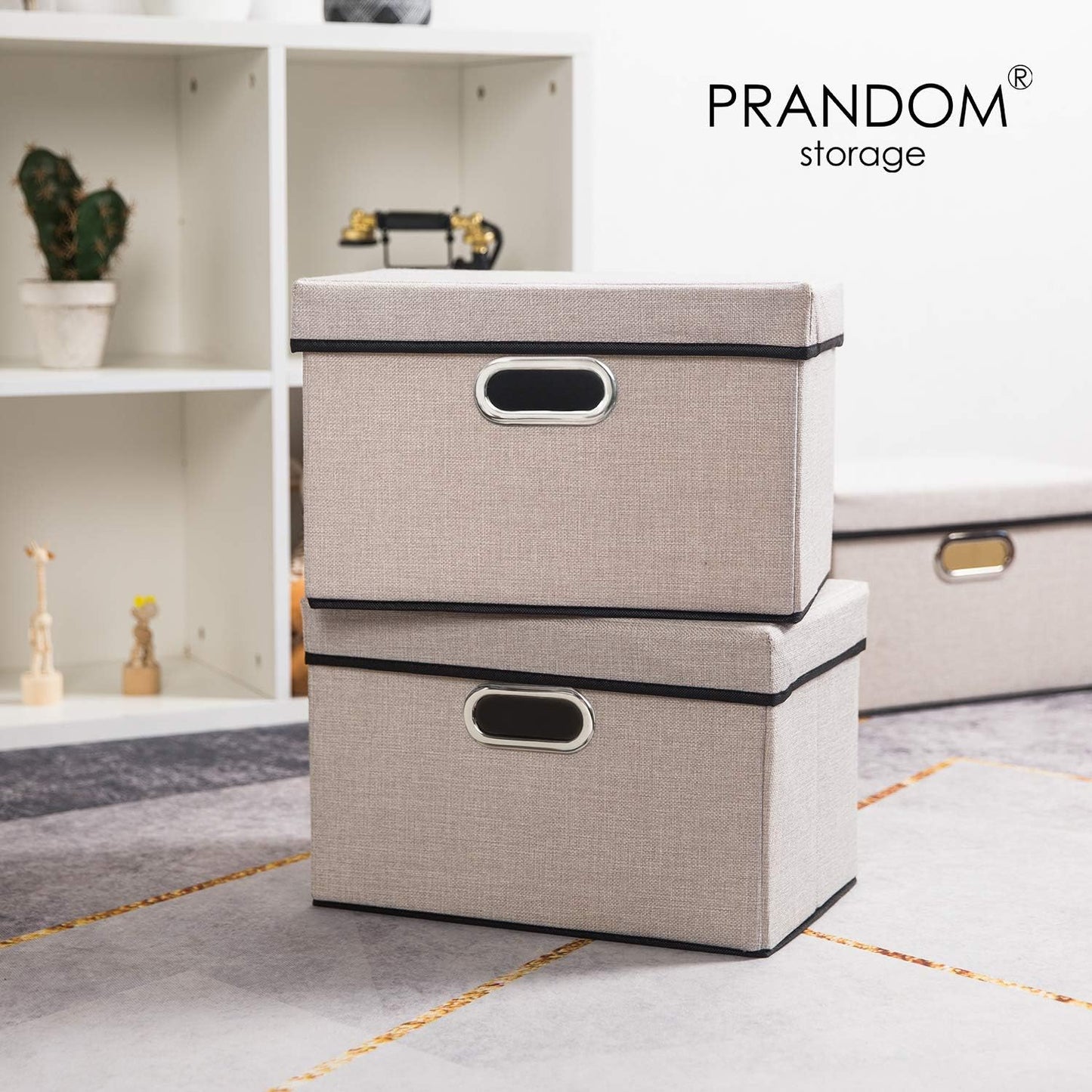 PRANDOM Foldable Storage Bin with Lid [1-Pack] Linen Fabric Decorative Storage Box Organizer Container Basket Cube with Handles Divider for Closet Office Living Room Light Grey(14.9x9.8x9.8)