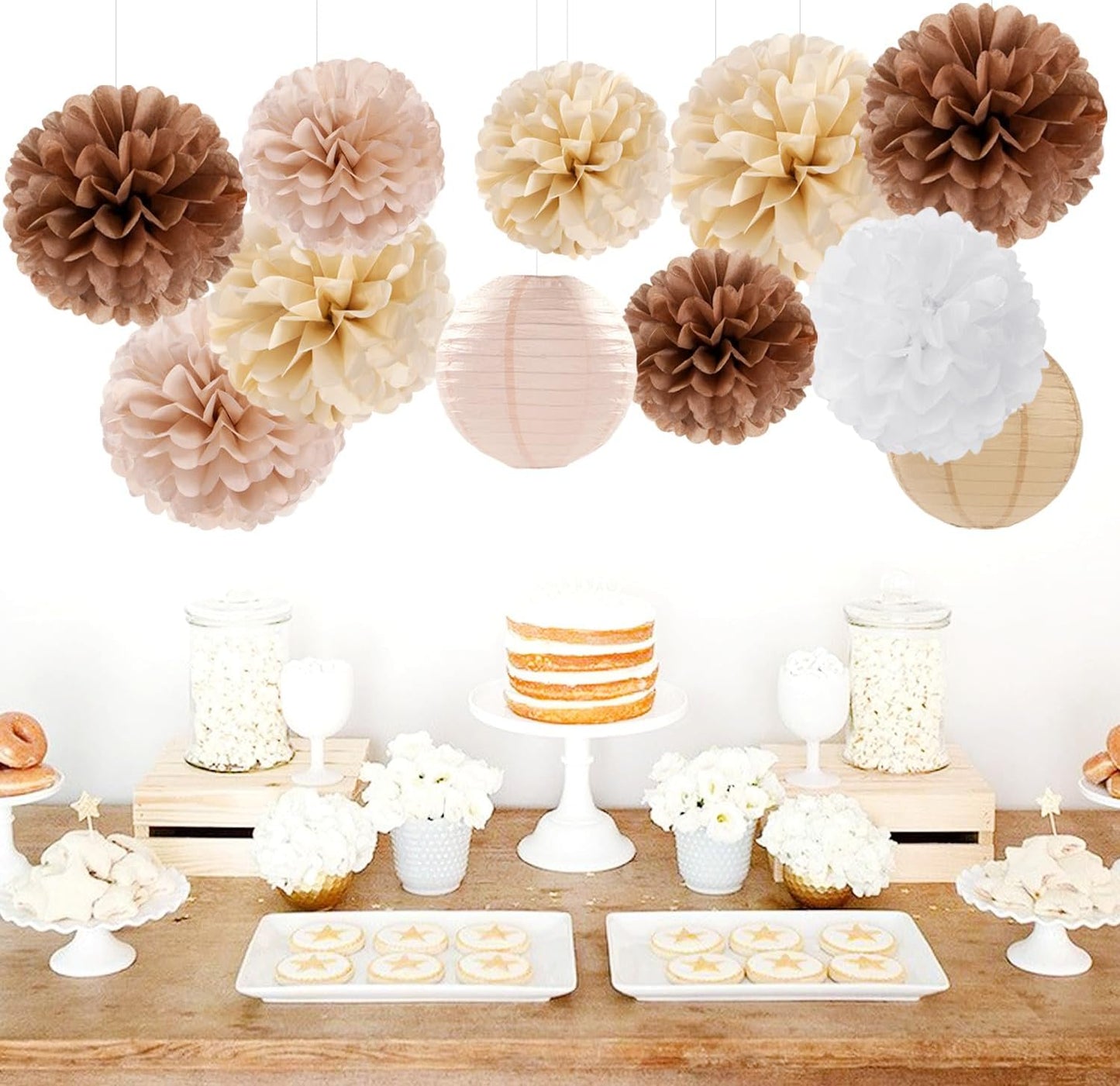 Boho Rustic Wedding Party-Decorations Paper Flowers Lanterns - 15PCS Fall Baby Shower Gender Neutral Streamers,Brown Champagne White Tissue Pom Poms,Autumn Birthday Bridal Decor Hugfond