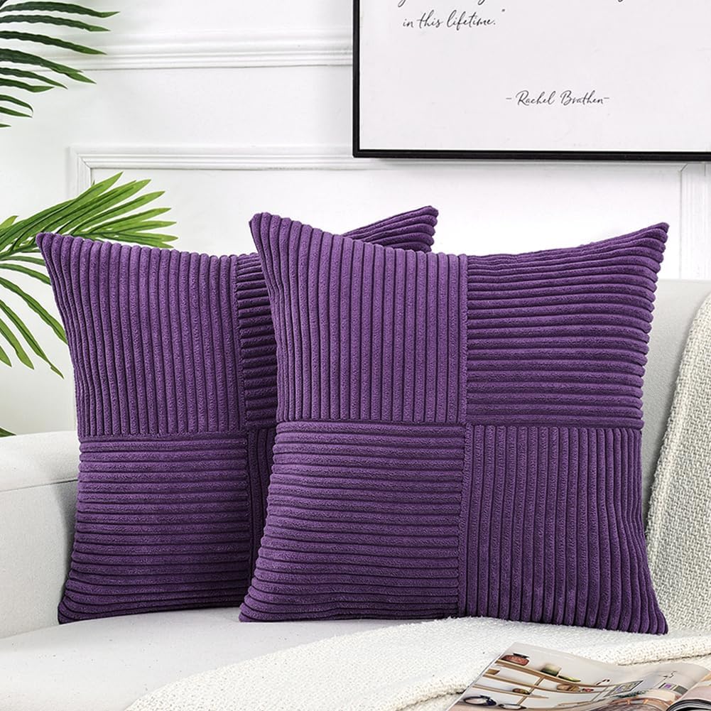 Fancy Homi 2 Packs Purple Decorative Throw Pillow Covers 18x18 Inch for Living Room Couch Bed, Boho Farmhouse Home Decor, Soft Corss Corduroy Patchwork Textured Square Cushion Case 45x45 cm