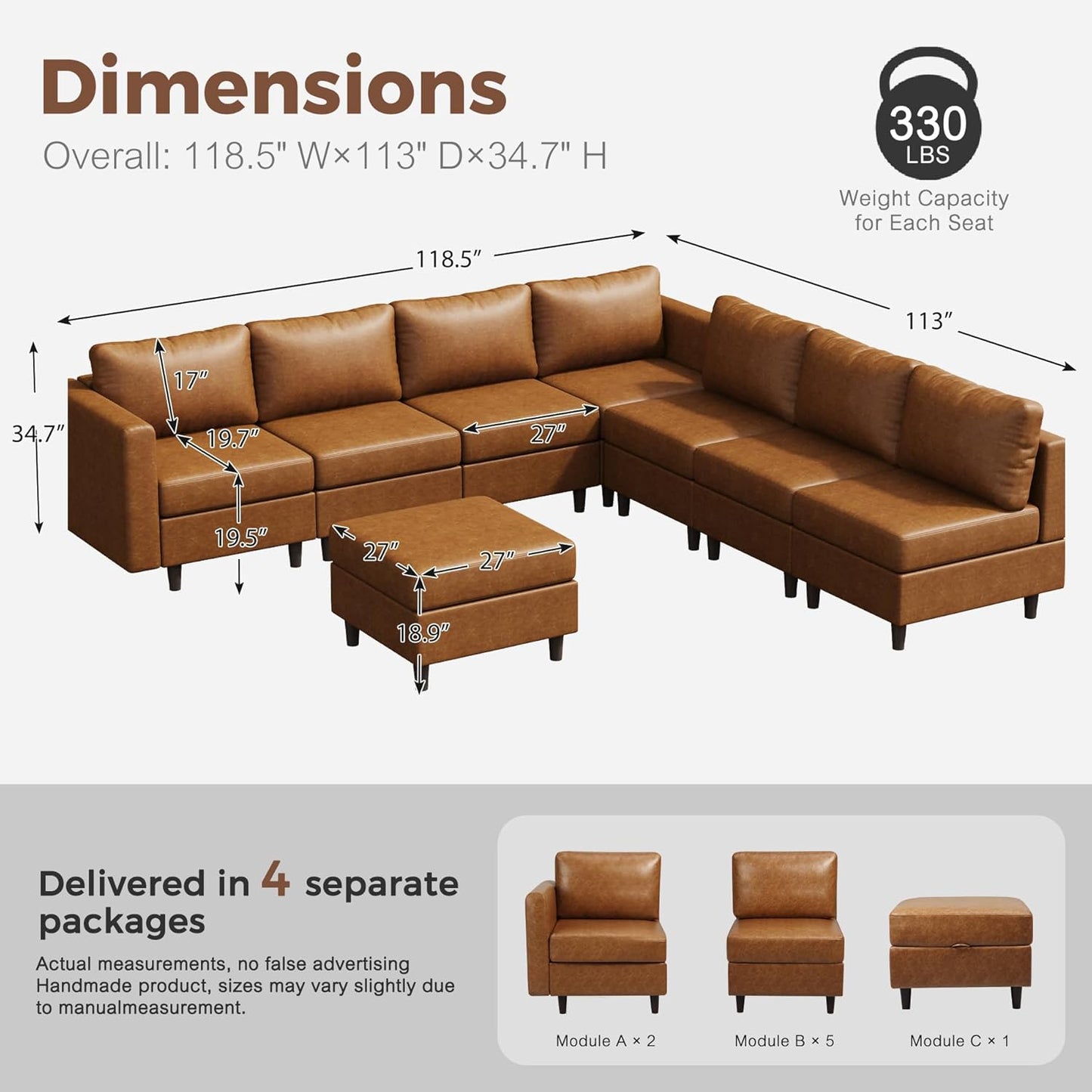 118.5" Faux Leather Modular Sectional Convertible Sofa, L Shaped Couch Set for Living Room, Large 8-Seater Comfy Cloud Couches with Movable Storage Ottoman DIY Combination - Brown