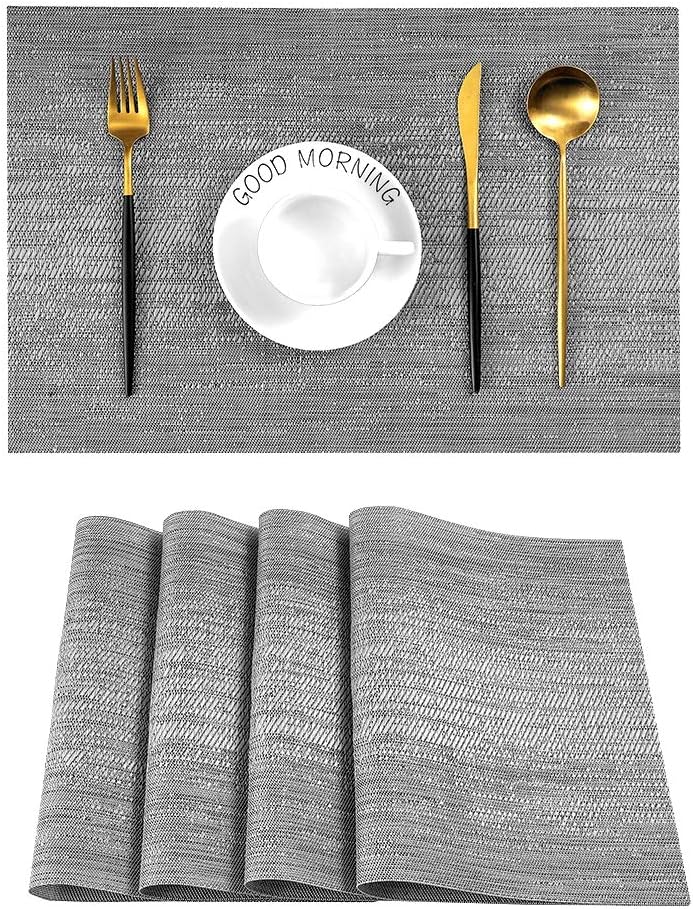 Leetaltree Grey Placemats, Heat Resistant Non-Slip Place mats for Dining Table, Washable Durable PVC Vinyl Woven Table Mats (Set of 4)