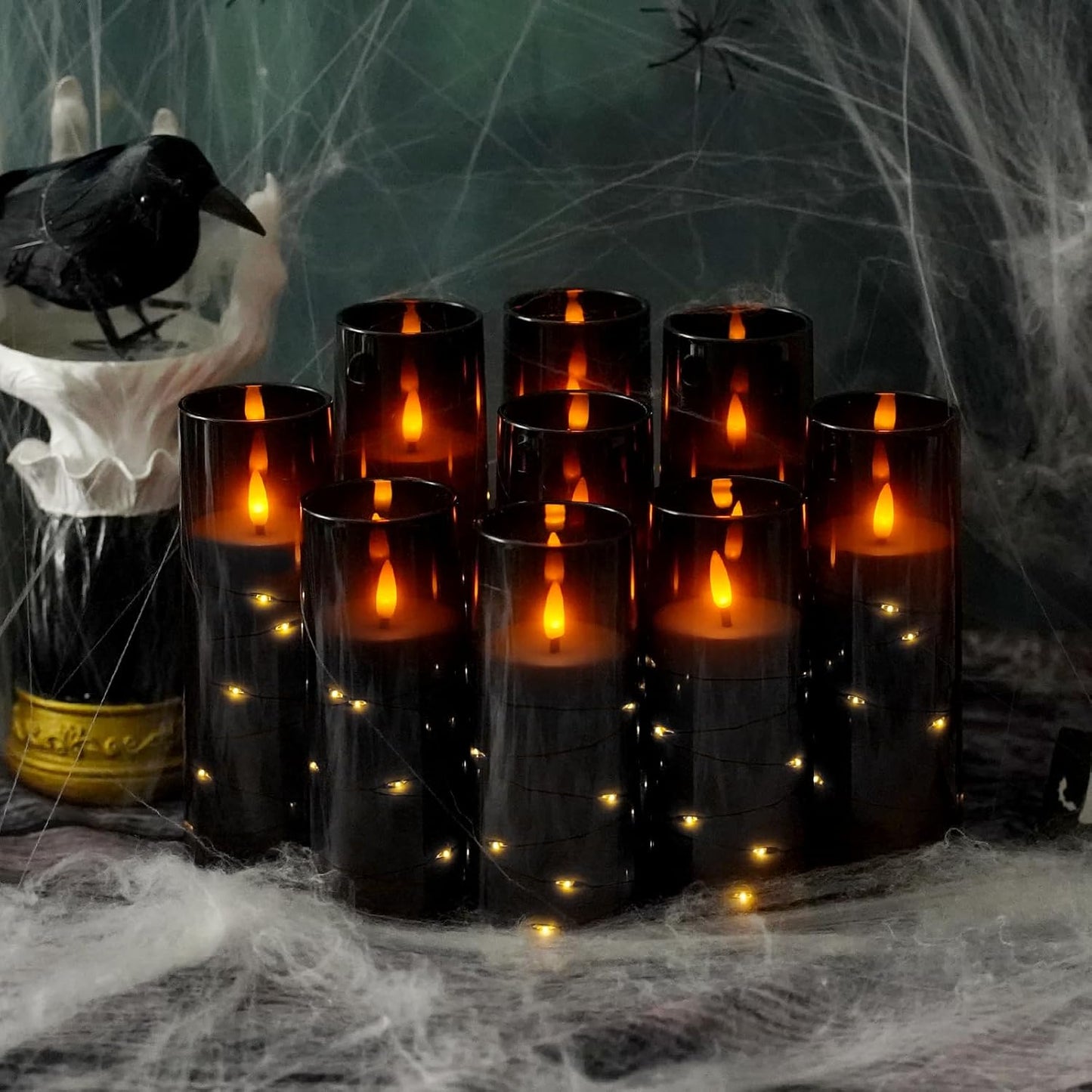 Flickering Flameless LED Candles, 9 Pcs with Embedded Star String, Acrylic LED Pillar Candles with Remote, Suitable for Home Decoration (Black)