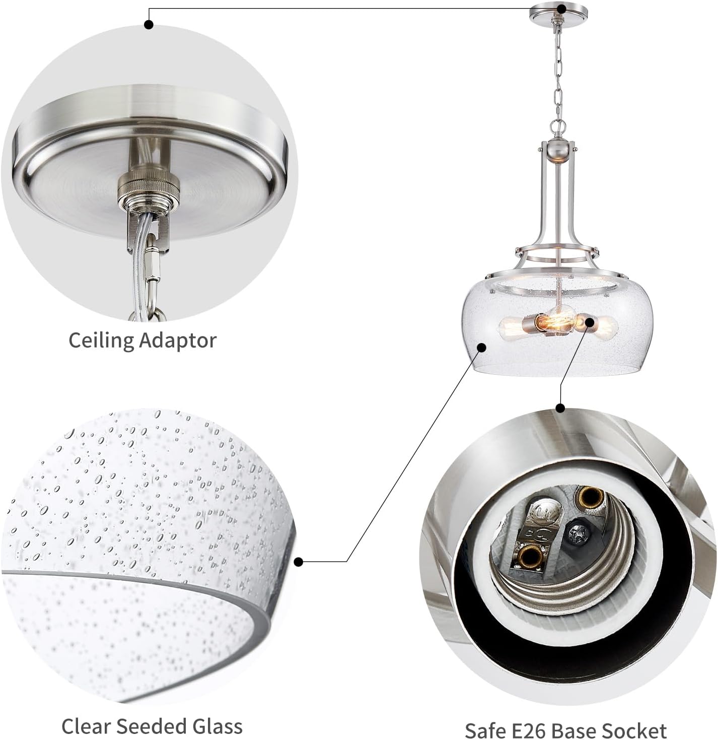 WUZUPS Chandelier Rustic Farmhouse Industrial Round Ceiling Pendant LED Light Fixture Clear Seeded Glass Shade for Dining Room Kitchen Island Foyer Entryway, H 20.9" x W 15.9", Brushed Nickel