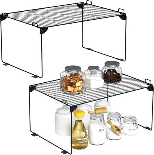 Neudeco Stackable Cabinet Shelf Organizer - 2 Pack Metal Mesh Stacking Shelves for Kitchen, Closet, Bathroom, Countertop and Cabinet -Gray