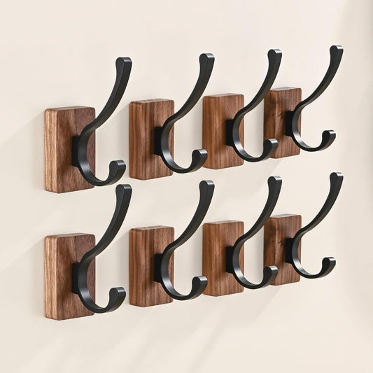 8 Pack Wooden Wall Hooks for Hanging, Adhesive Mounted & Wall Mounted Nature Wood Coat Hooks for Towel Clothes Blanket Hat Backpack Robe Nursery Door Board Entryway Key Holder