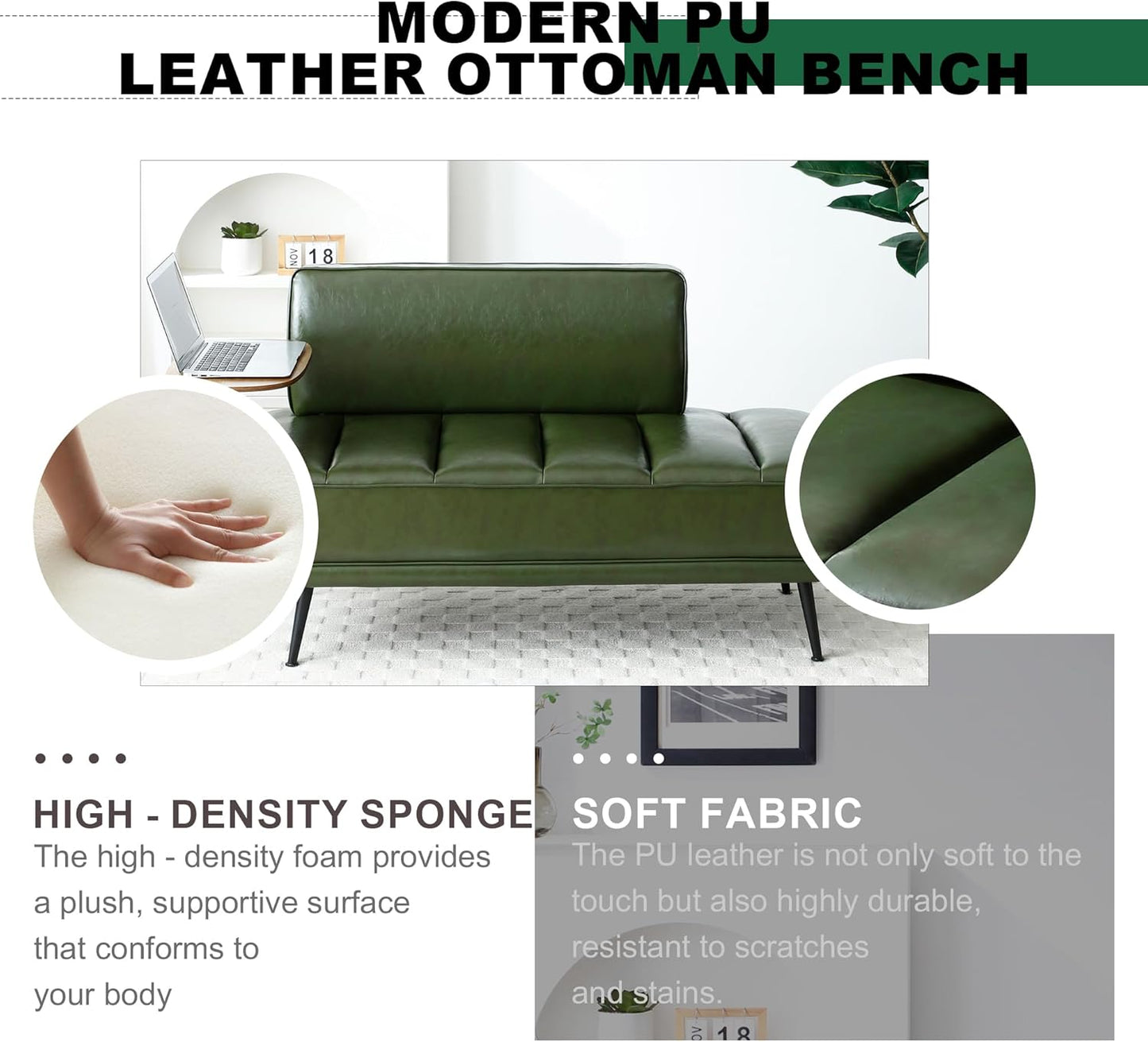 Sofa,Bed Bench,Small Spaces Furniture,Polyurethane Leather,Wood Frame,High Density Sponge Infillings,360-Degree Swivel Tray,Black Metal Leg (Green)