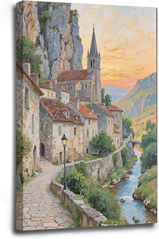 Small town scenery poster on the bank of the mountain stream is suitable for living room bedroom and office natural oil painting poster