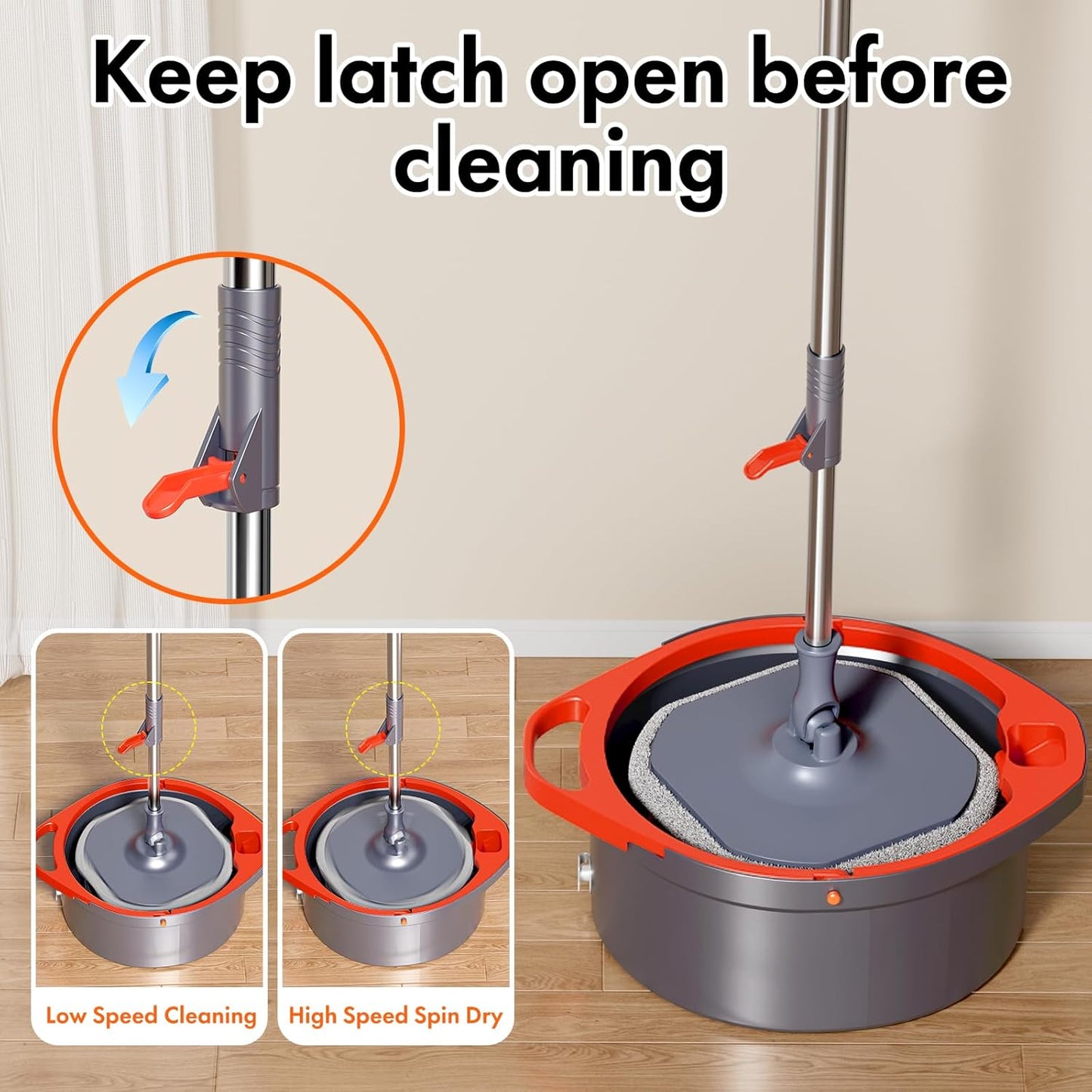 Spin Mop and Bucket Set with Separate Dirty and Clean Water,360° Self Cleaning Mop and Bucket System with Widened Foldable Handle,2 Replaceable Mop Pads,Square Mops for Floor Tile Marble Wall Cleaning