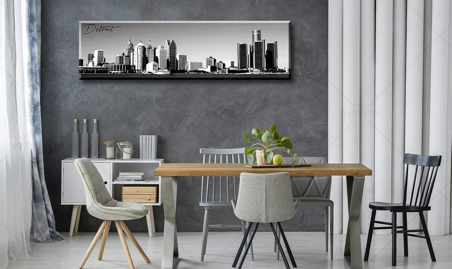 DJSYLIFE Detroit Skyline Wall Art Black and White Canvas Prints USA Skyscraper Panoramic Cityscape Picture for Bedroom Office Home Decoration Ready to Hang 13.8" x 47.3"