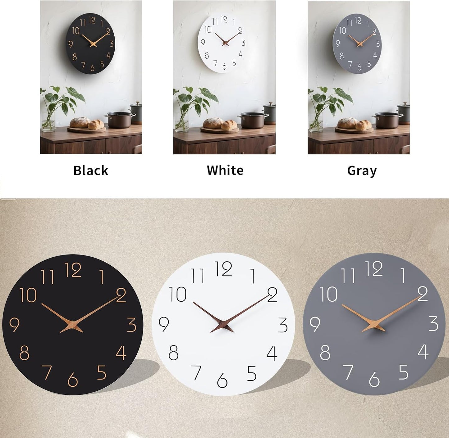 Mosewa Wall Clock 12 Inch Gray Silent Non Ticking Battery Operated Modern Simple Wooden Clock Decorative for Kitchen Home Bedroom Bathroom Office Living Room