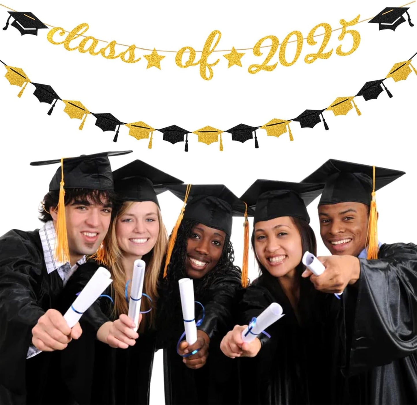 Black Gold Party-Decoration Graduation Banner - 14pcs Kits Cap Garland Streamers, Paper Tissue Pom Poms Flowers Fans Honeycomb,Class Of 2025 College High School Grad Decor Hugfond