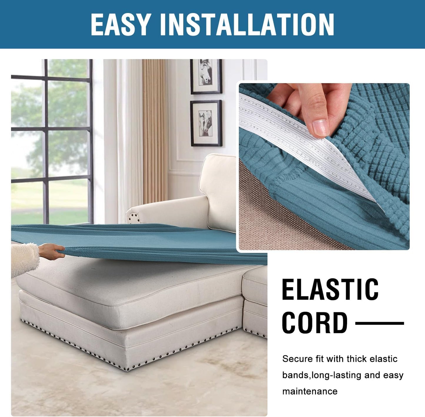 H.VERSAILTEX Super Stretch Individual Chaise Cover Sectional Couch Covers for L Shaped Sofa Both Left/Right Featuring Thick Jacquard Textured Twill Fabric (1 Piece Chaise Cover, Storm Blue)