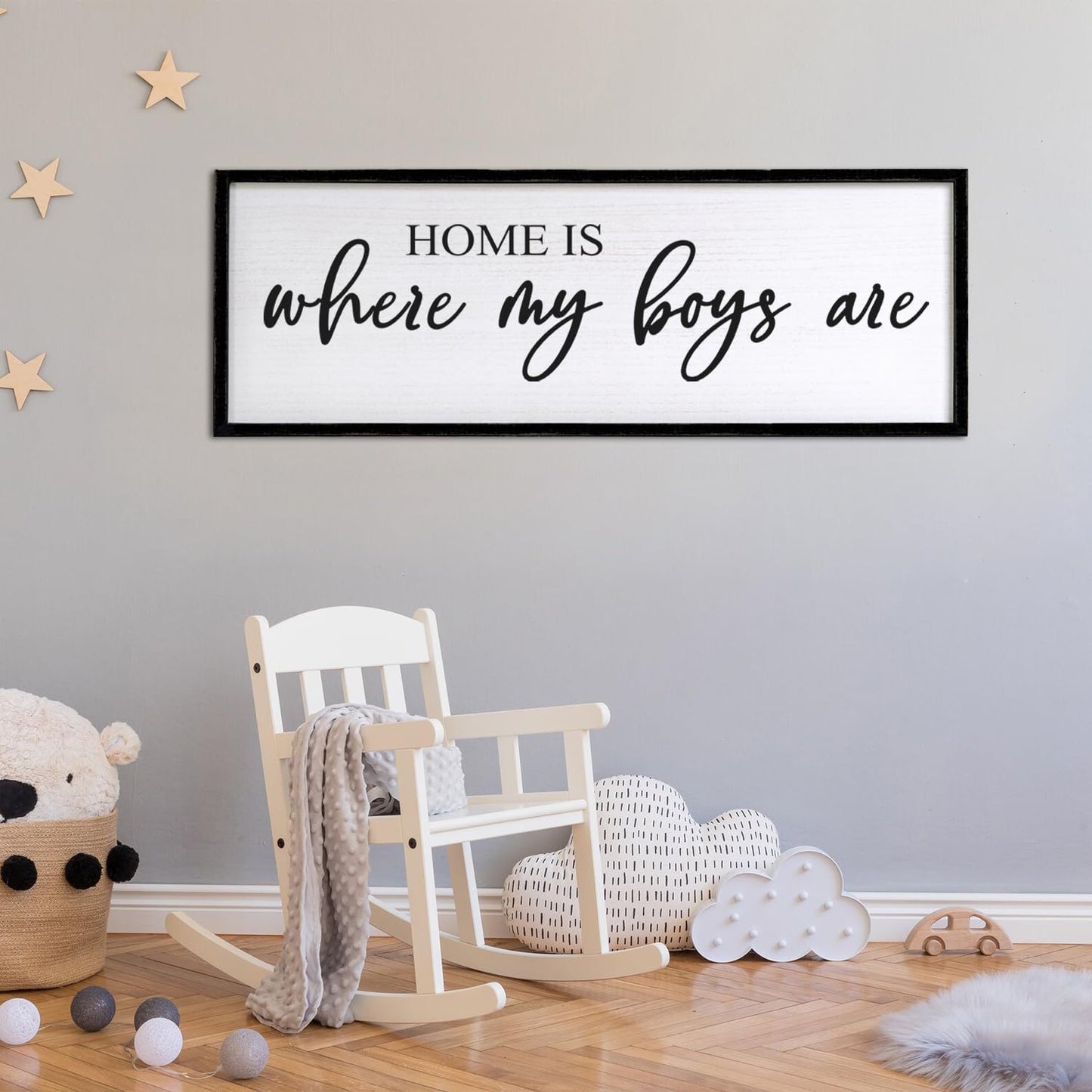 Home is Where My Boys are Sign Framed Wall Art, 40''×15'' Rustic Horizontal My Son Plaque with Black Frame for Baby Kid Boy Son Teen Toddlers Room, Horizontal Mom of Boys Gifts Nursery Decor