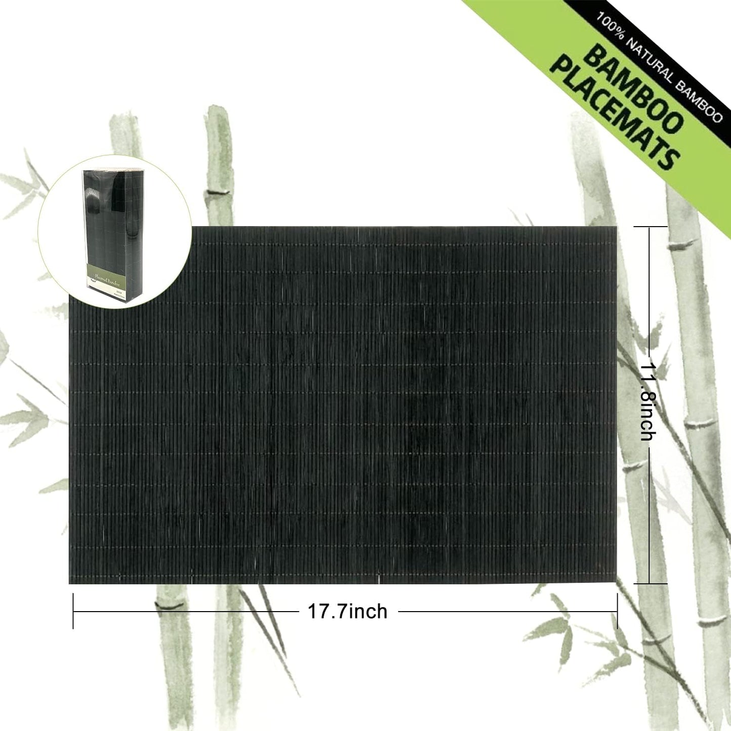 ANDSTAR Set of 8 Pcs Bamboo Placemats Sushi Rolling Mat Japanese Style Natural Anti-Slip Bamboo Placemats Washable Heat-Resistant Table Mats for Dining Room and Kitchen（Black）