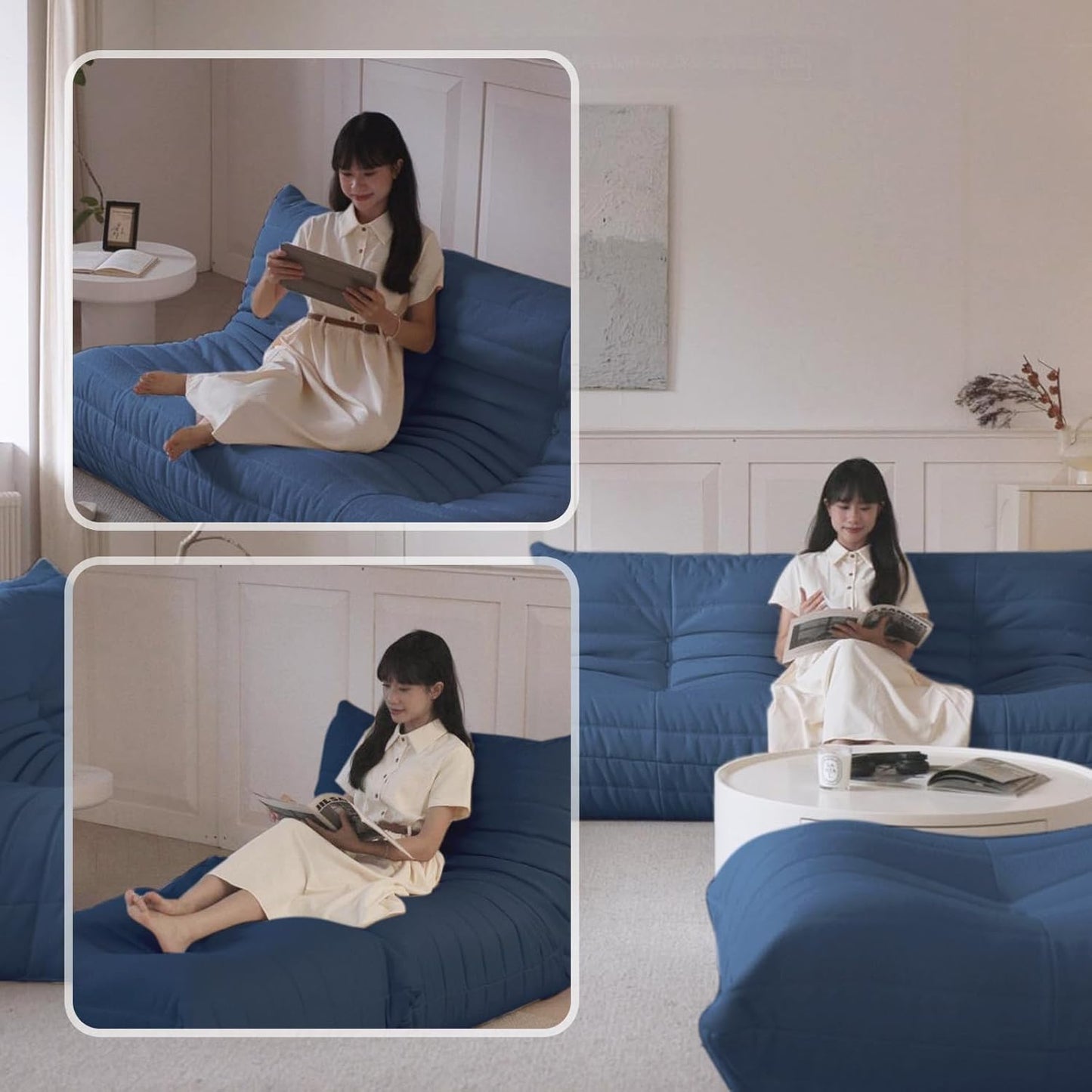 Luxury Sofa Couch Chair, Lazy Floor Seating, Fireside Bean Bag Chair, Ergonomic Tatami Sofa Lounger for Living Room, Bedroom, Office, Single Seat, Blue