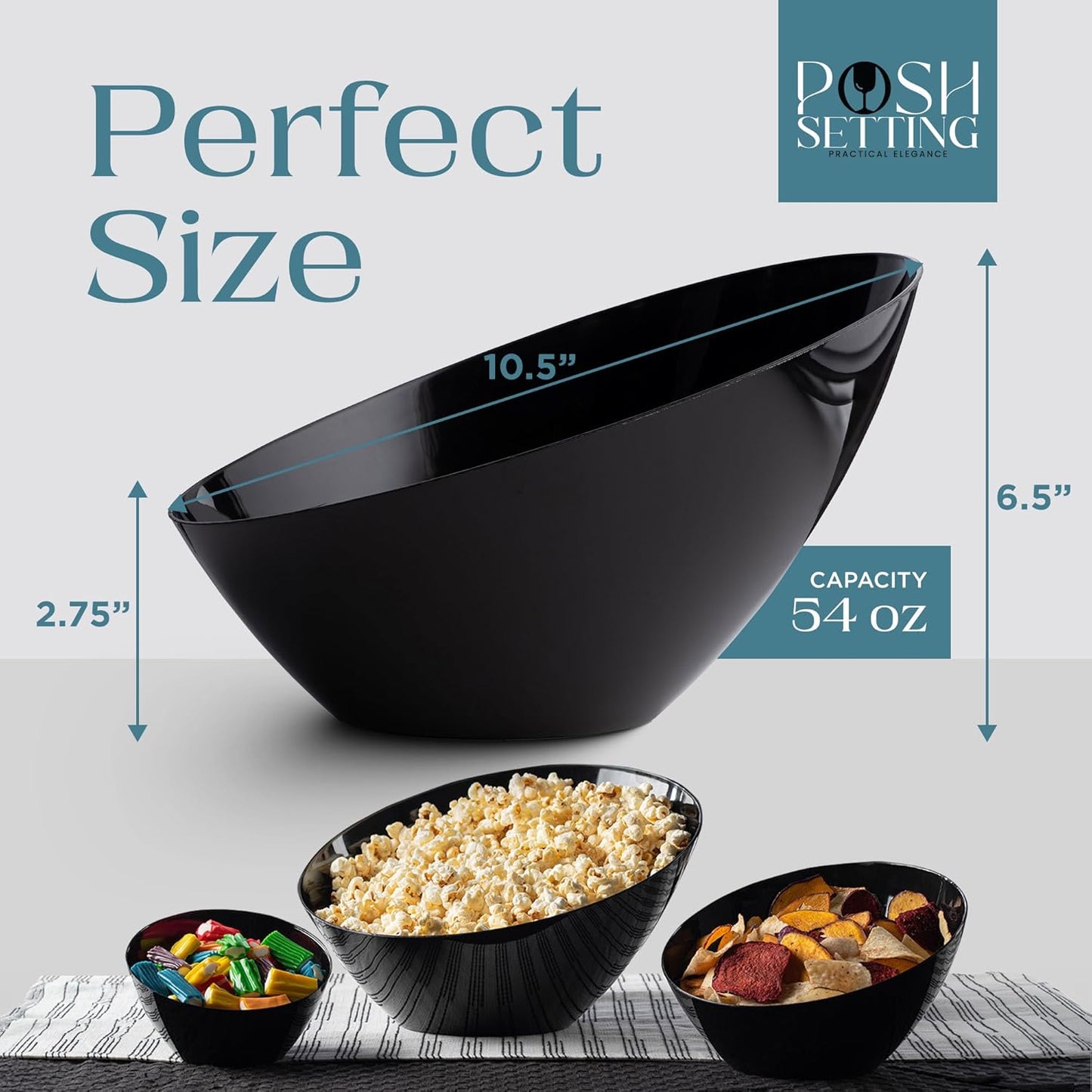 Posh Setting Black Plastic Serving Bowls Disposable - Angled Bowls - Angled Candy Bowl - Plastic Snacks & Chip Bowls for Parties - Black, Gold & Clear, White Serving Dishes, 54 OZ, 5 Pack