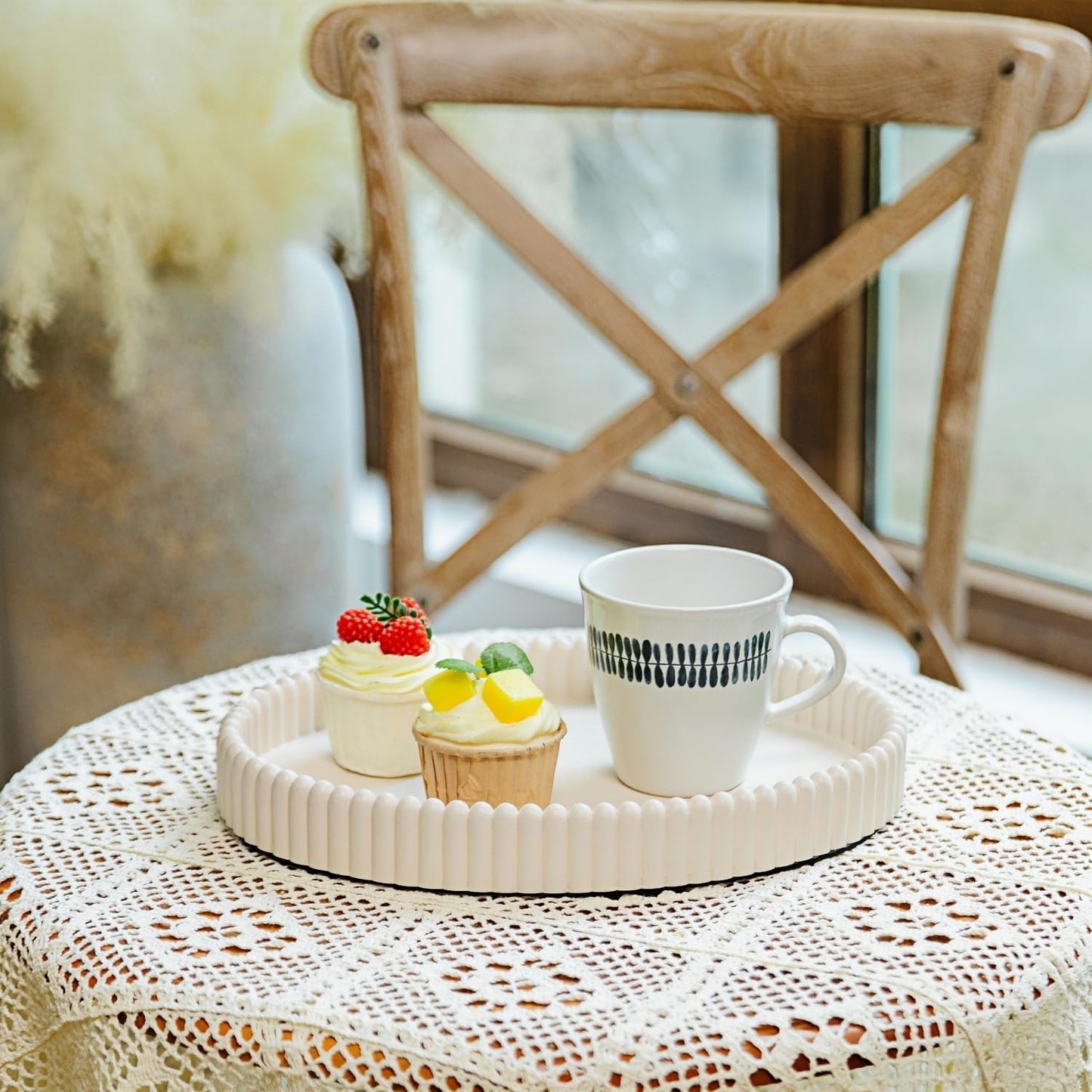 11.8in Decorative Tray for Coffee Table Decor- Modern Oval Concrete Tray for Home Decor- Minimalist Handcrafted Centerpieces Tray for Living Room, Kitchen Dining Table, Entryway (Beige)