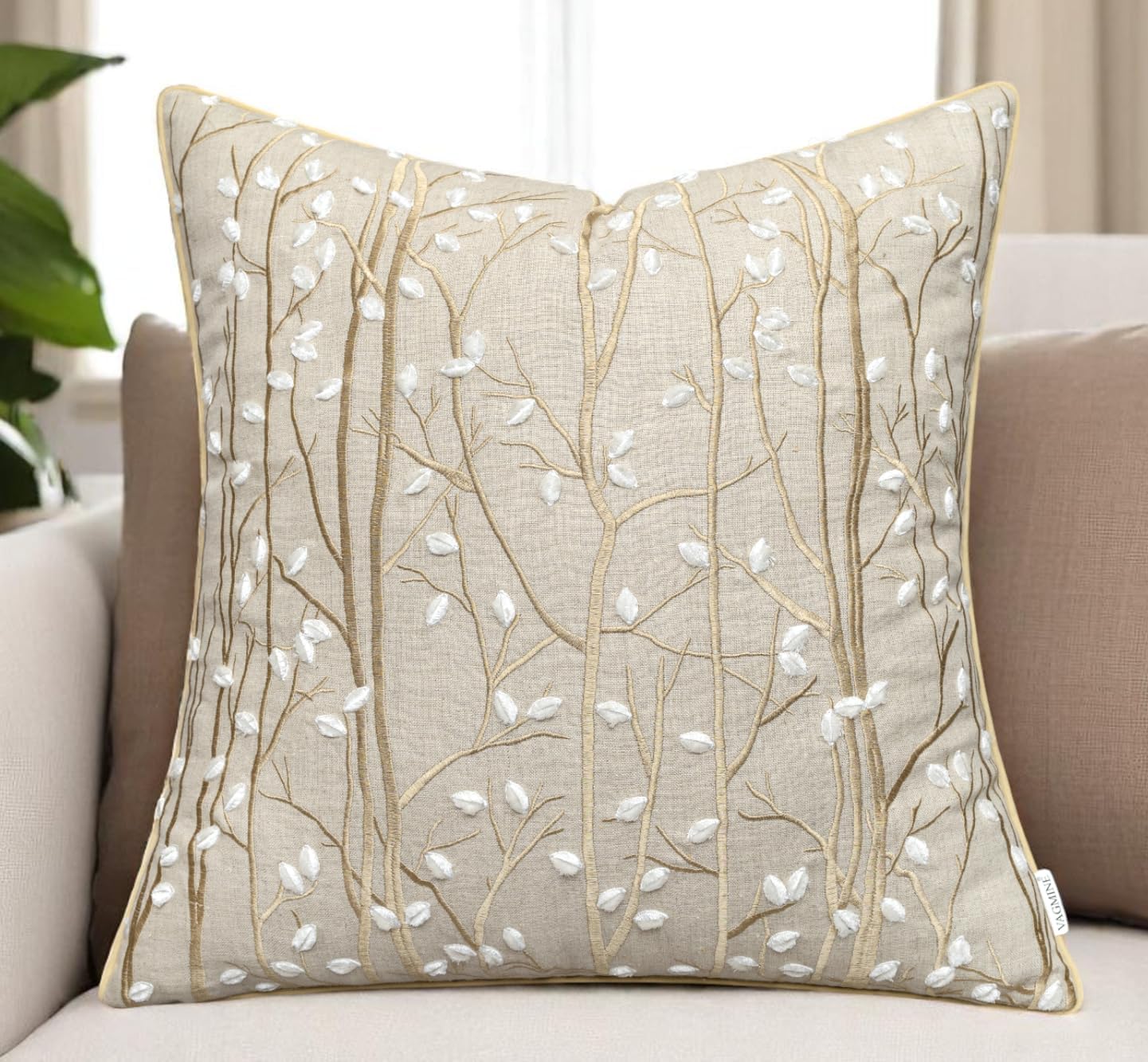 VAGMINE Embroidered Forest Throw Pillow Cover - 20x20 Inches Square - 100% Linen Natural Decorative Cushion Cover - Elegant Embroidery - Rustic Home Accent for Sofa, Bed, Couch, Farmhouse Décor