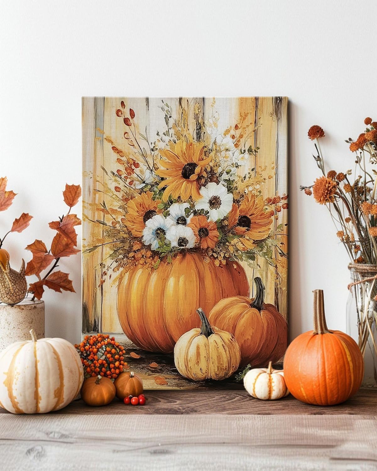 Rustic Autumn Fall Floral Pumpkin Wall Art Decor, Fall Floral Botanical Print for Thanksgiving Decorations, Autumn Wall Art Print for Farmhouse Living Room Bedroom Fall Decor, Ready to Hang