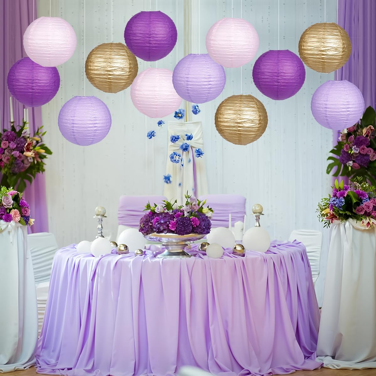 Paper Lanterns Purple Gold Round Hanging Chinese Lanterns for Birthday Baby Shower Bachelorette Party Decorations Pack of 12