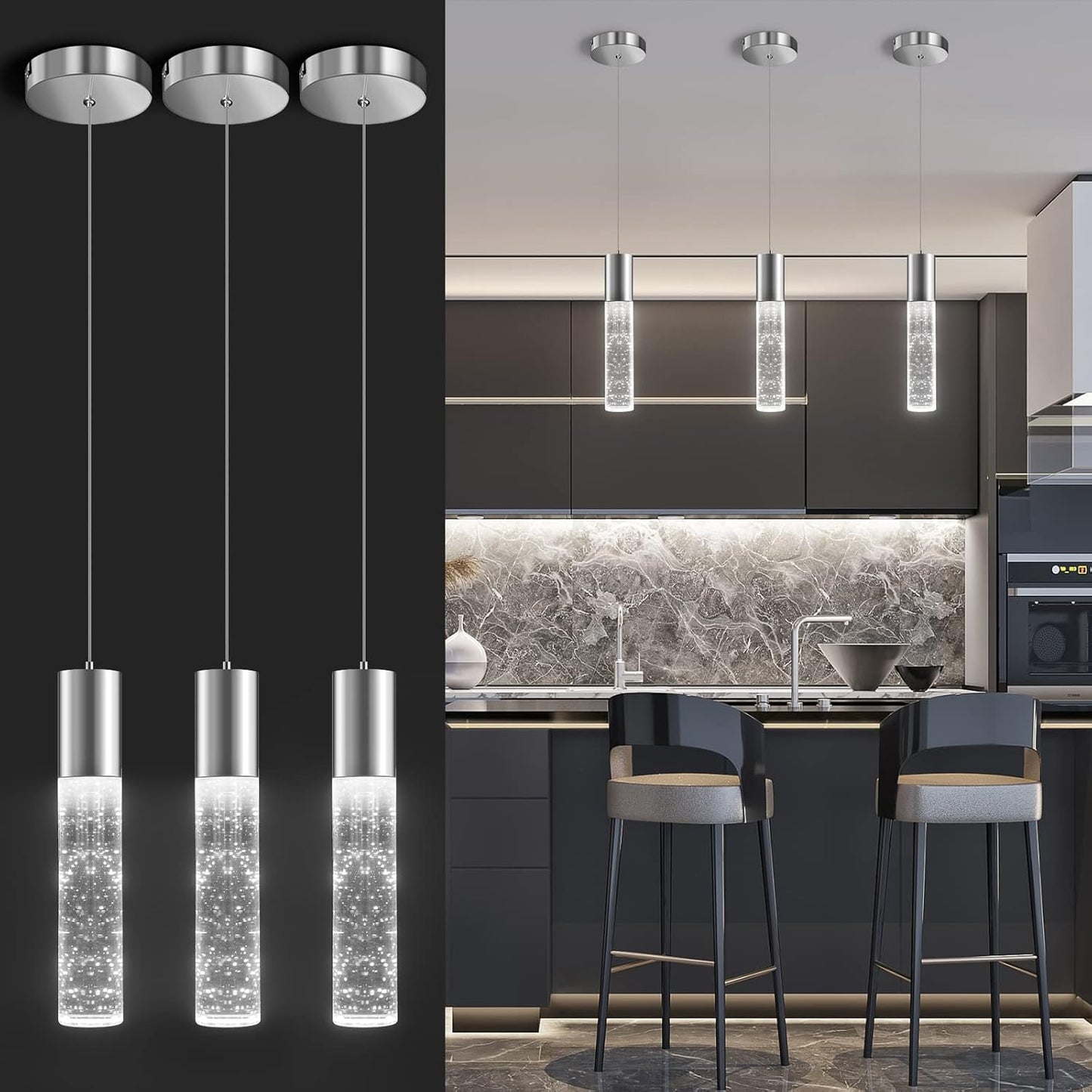 OKELI Modern Pendant Lights,LED Bubble Crystal Kitchen Island Light Fixtures,Chrome Mini Single Pendant Lighting for Kitchen Island,Bar,6W,6000K,ETL,3Pack