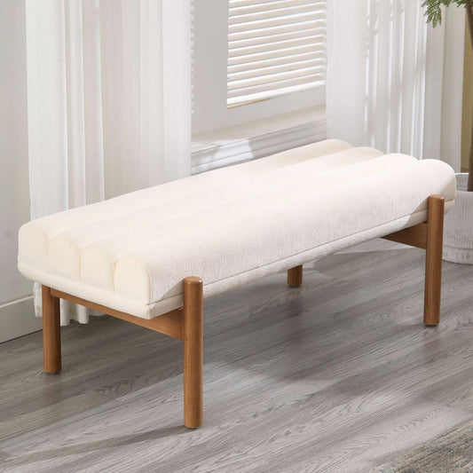 White Modern Bench Upholstered End of Bed Bench Chenille Fabric Bedroom Bench for Entryway Living Room Vanity Makeup Room, 47" Long, Wooden Legs