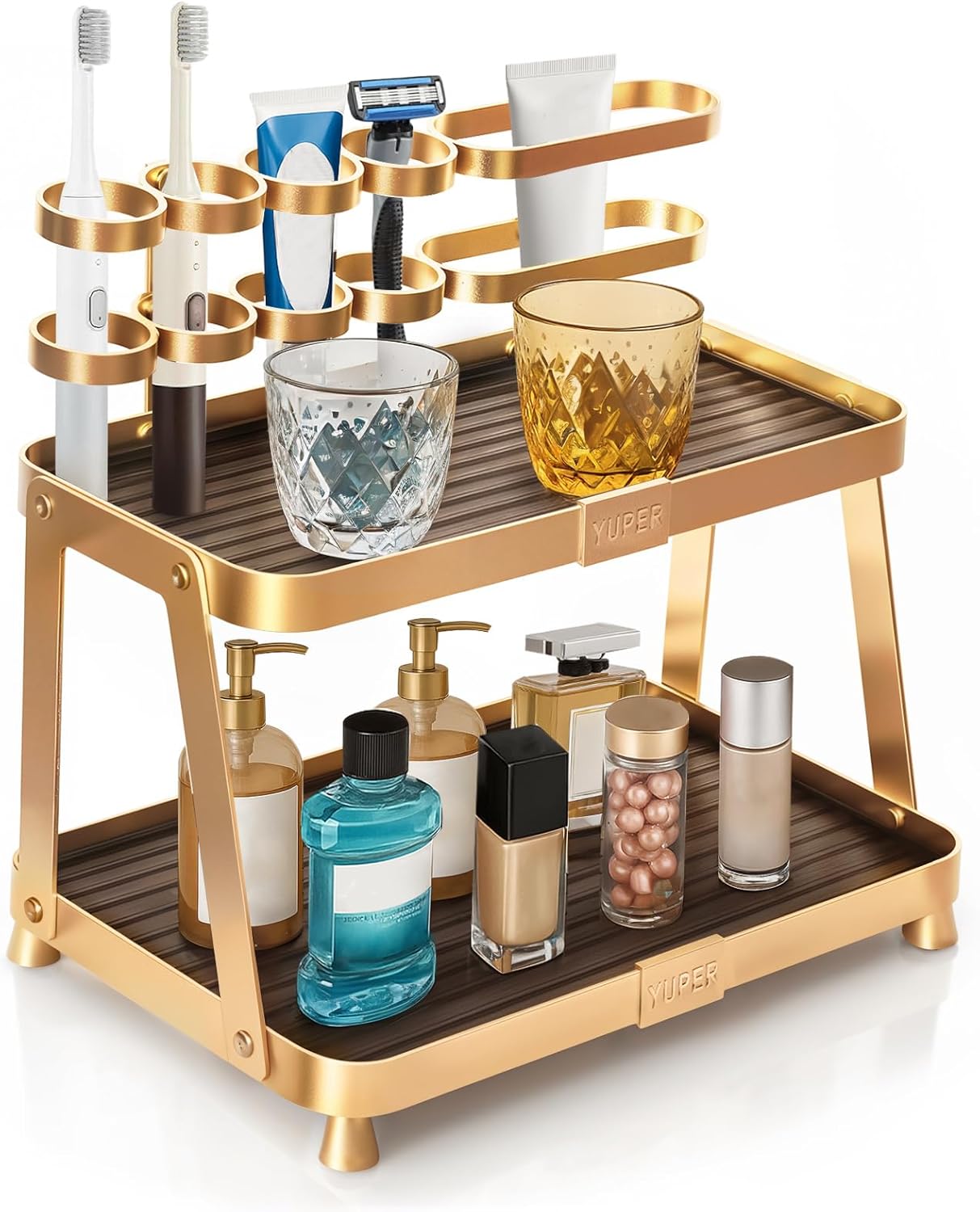 YUPER Bathroom Counter Organizer, 2-Tier Bathroom Organizer Countertop with Toothbrush Holder, Makeup Storage Shelf Vanity Tray Perfume Organizer, Bedroom Kicthen Counter Storage Sink Shelf Gold