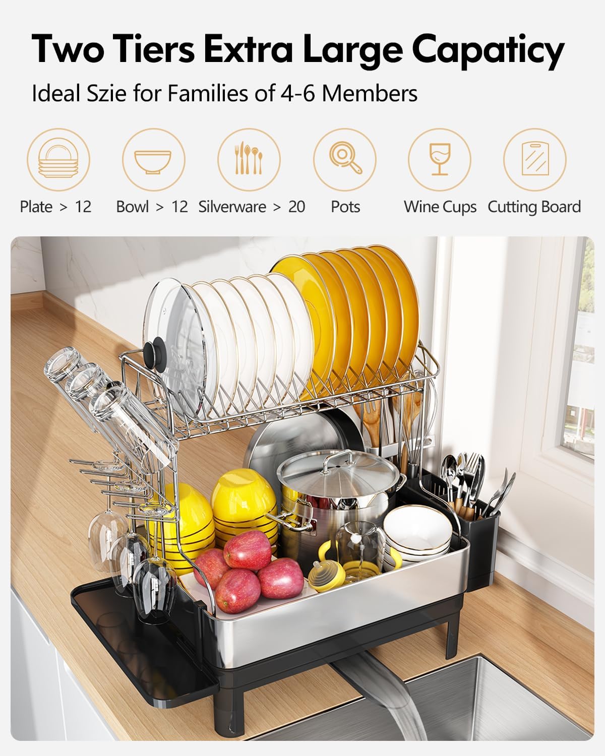BOOSINY Dish Drying Rack with Drainboard, Stainless Steel Dish Rack, 2 Tier Extra Large Dish Drainer with Cup Holder and Utensil Holder for Kitchen Counter