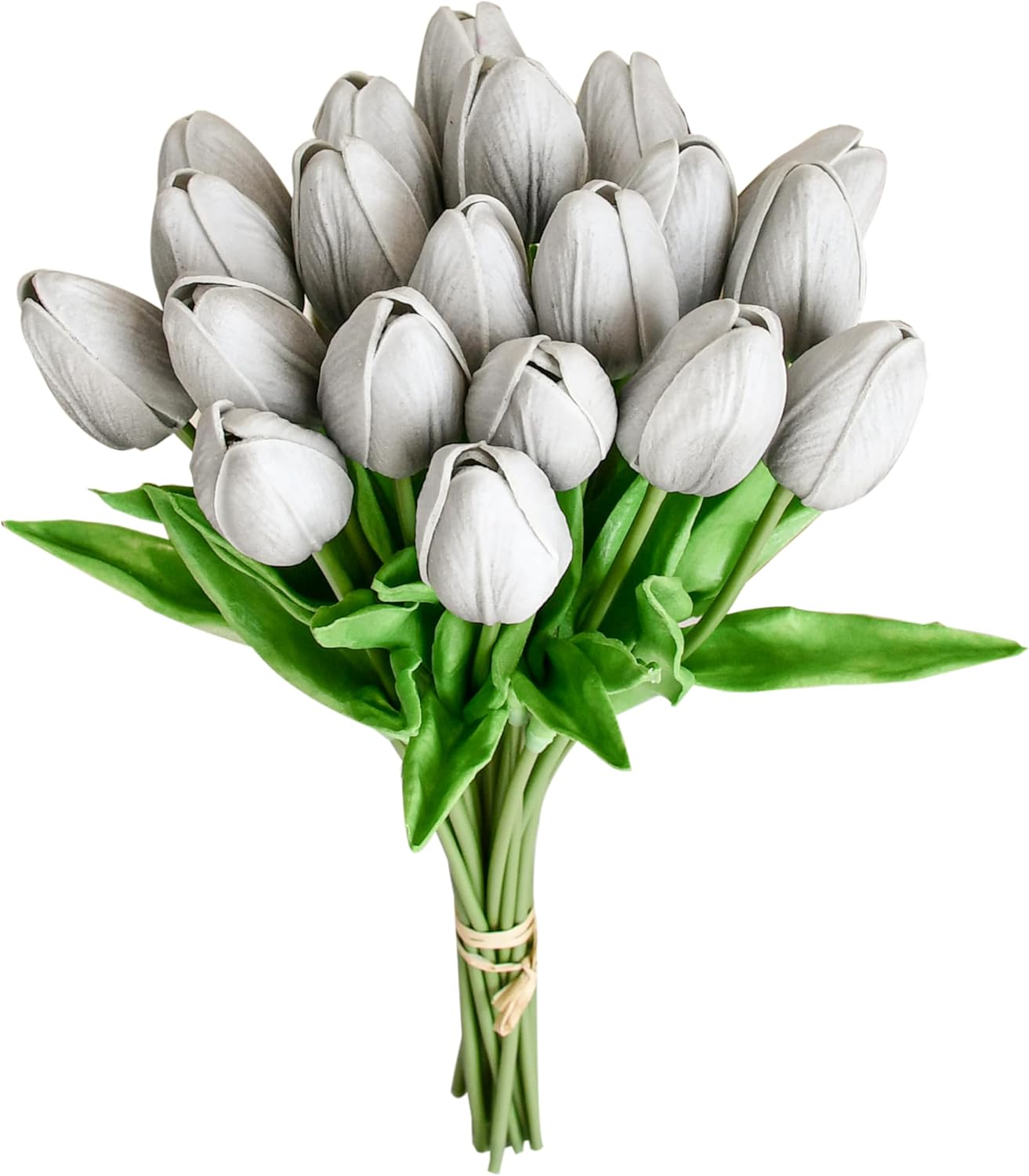 Mandy's Artificial Tulips 20 Stems Silver Grey PU Faux Flowers for Wedding Home Decor 13.5 Inch