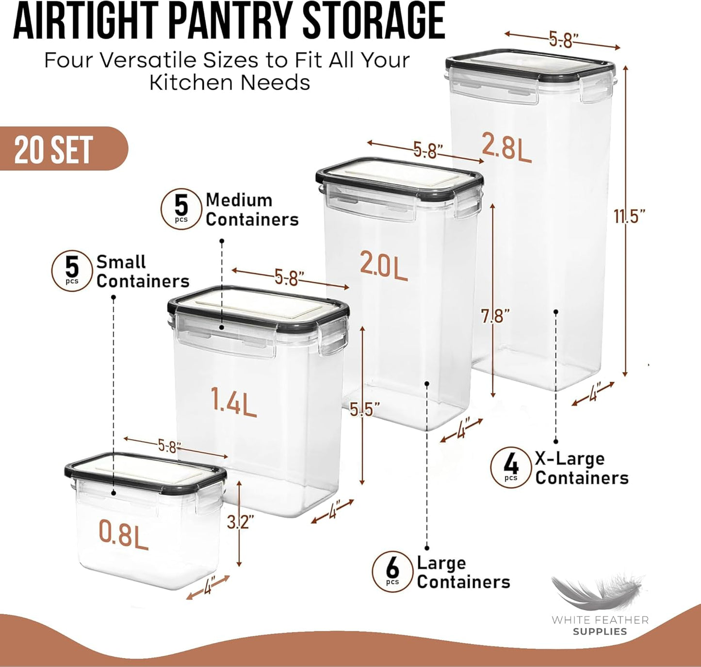 WHITE FEATHER SUPPLIES 40 PCS Airtight Food Storage Containers with Lids - BPA Free Durable Plastic Leakproof Flour Sugar Cereal Containers Storage for Pantry Organization - Dishwasher Safe