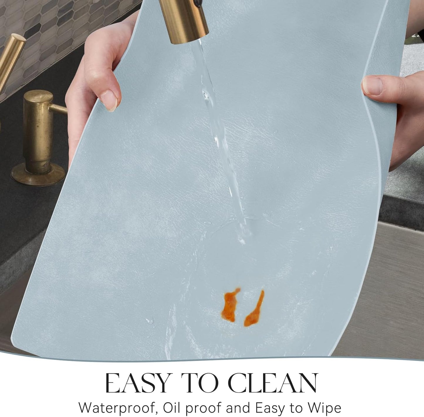 MOSAYT Vinyl Placemats Set of 8-12 X 17 Inch - Faux Leather 100% Waterproof Oil-Proof Wipeable PU Place Mats, Heat Resistant Reversible Table Mats for Kitchen, Dining, Outdoor (Light Grayish Blue)