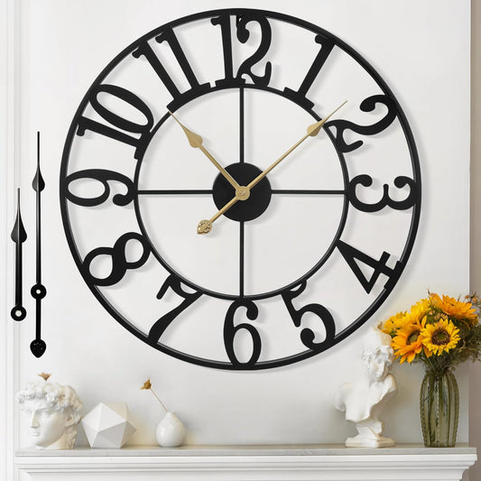 Large Wall Clock for Living Room Decor - 47cm/ 18 Inches Silent Non-Ticking Metal Wall Clocks Battery Operated, Vintage Decorative Modern Wall Clock for Bedroom, Office, Farmhouse Decor
