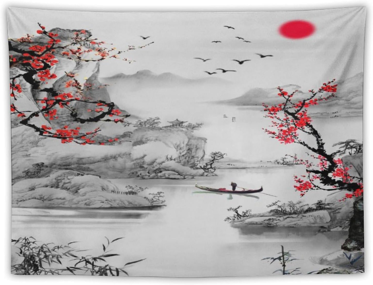 Cherry Blossoms Tapestry, Japanese Red Landscape Watercolor Abstract Art, Asian Japanese Wall Tapestry, Nature Landscape Tapestries for Bedroom Living Room Decor 40"x30"