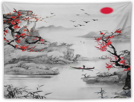 Cherry Blossoms Tapestry, Japanese Red Landscape Watercolor Abstract Art, Asian Japanese Wall Tapestry, Nature Landscape Tapestries for Bedroom Living Room Decor 40"x30"
