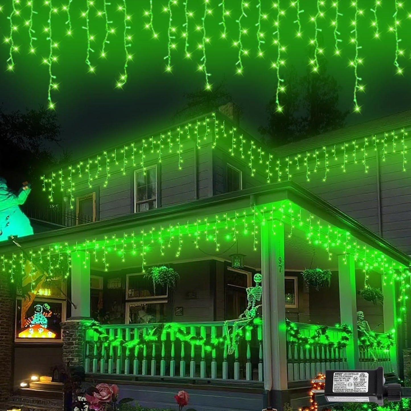 QITONG Green Icicle Lights for Outside, 66ft 800 LED Halloween Light Plug in with 8 Modes, Clear Wire Connectable Christmas Lights Indoor with 160 Drops