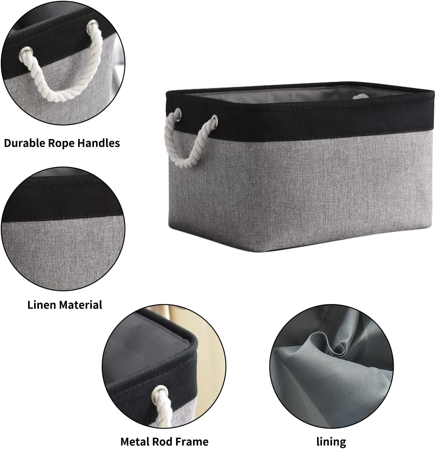 TheWarmHome Collapsible Storage Bin for Shelves - 16x12x8 inch Large 3 Pack Storage Basket for Organizing with Rope, Fabric Storage Cubes for Organizer Toy Cloth Gift Closet (Black & Grey)