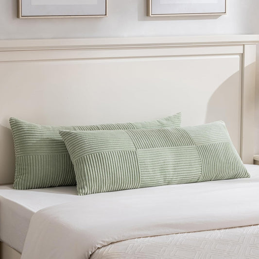 Fancy Homi Set of 2 Sage Green Boho Long Lumbar Body Decorative Throw Pillow Cover 14x36 Inch for Bed Couch Bedroom Bench, Soft Patchwork Corduroy Textured Pillow Case, Rustic Farmhouse Room Décor