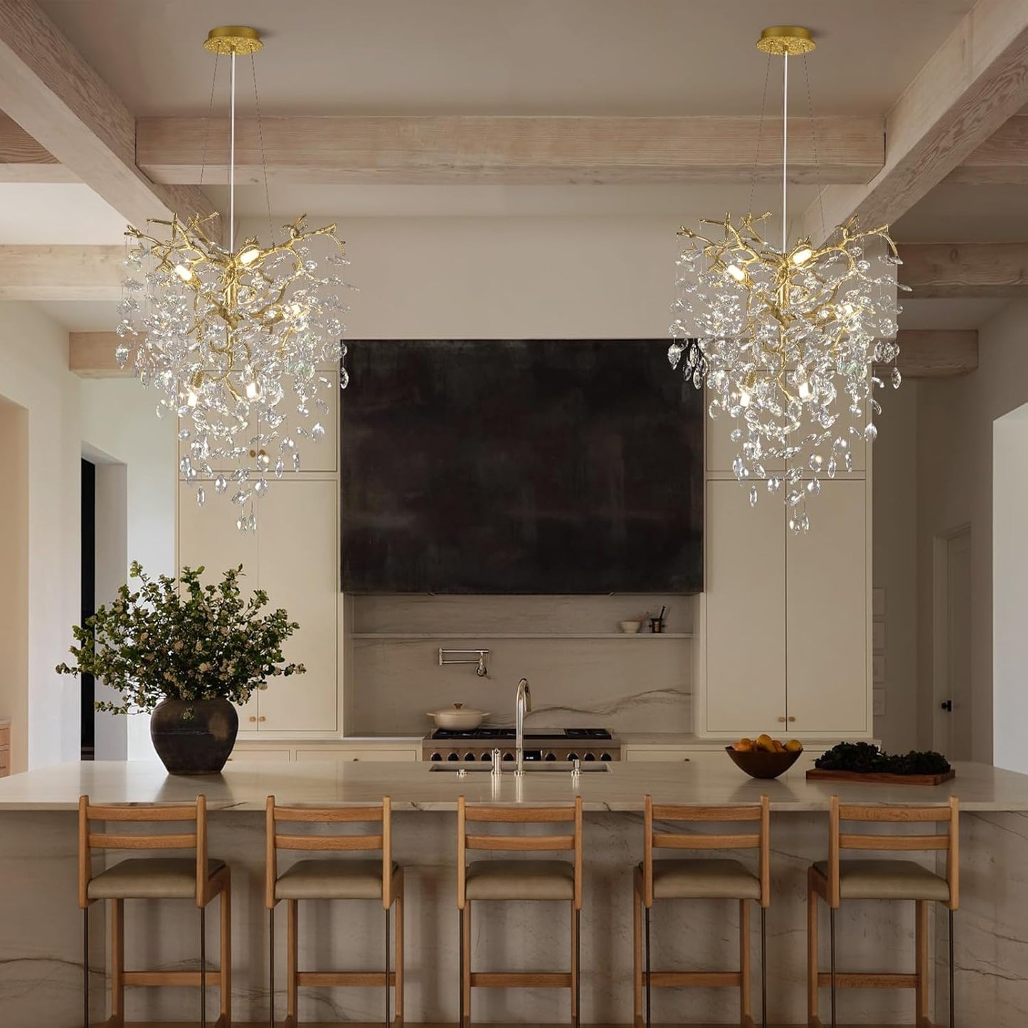 Modern Gold Crystal Tree Branches Chandelier,21 Inchs 6 Lights Modern Round K9 Crystal Chandeliers for Dining Room, Bedroom, Living Room, Foyer,Kitchen Island