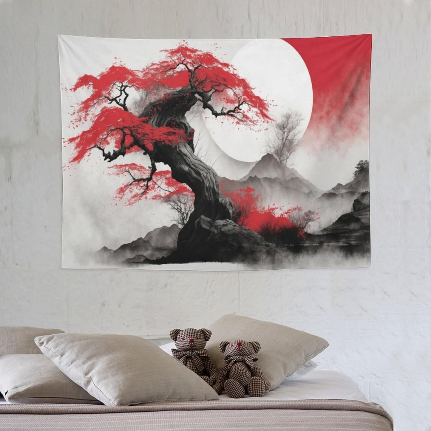 Cherry Blossoms Tapestry, Japanese Red Landscape Asian Abstract Art, Bedroom Living Room Decor 40"x30"