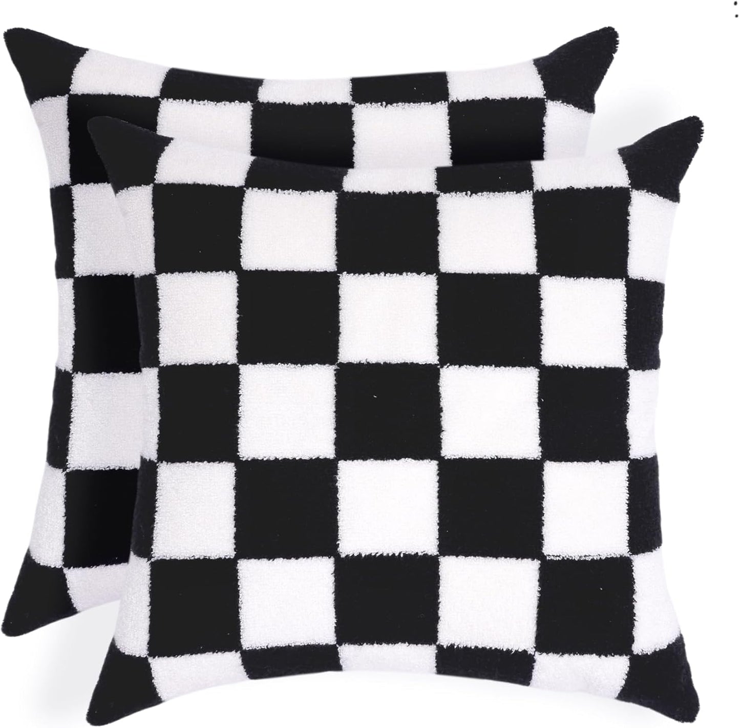 Alysheer Checkered Embroidered Decorative Throw Pillow Covers 18"x 18" Set of 2, Farmhouse Cottage Black White Plaid Tufted Patterned Cotton Canvas Cushion Case for Sofa Couch Bed Living Room
