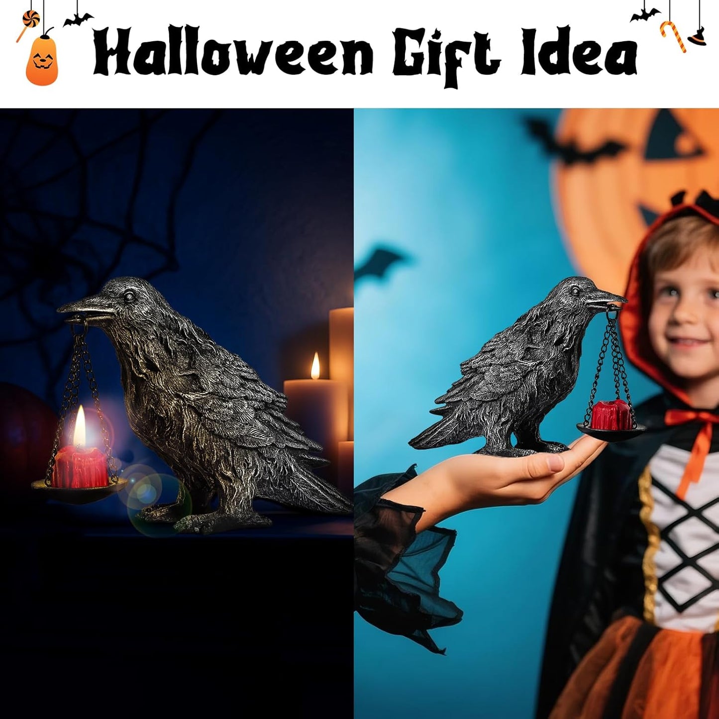 Gothic Home Decor Fake Crow Light Holder Raven Lamp Tealight Candle Holder Resin Statue Half Silver