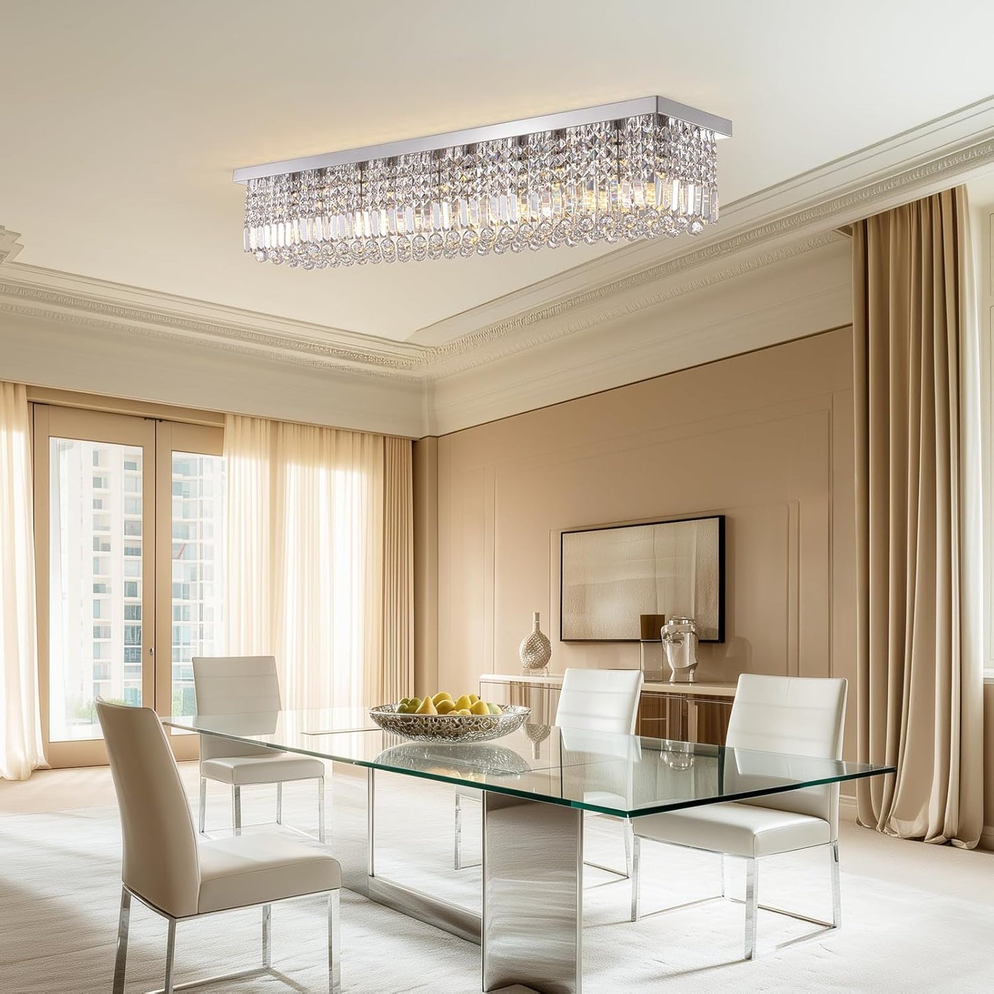 Luxury Lighting Fixture Chandelier Rectangular with Raindrop Crystals Pendant Light Fixture 10-Lights Modern Crystal Rectangle Flush Mount Chandelier for Living Room Dining Room Bar L47 Inch