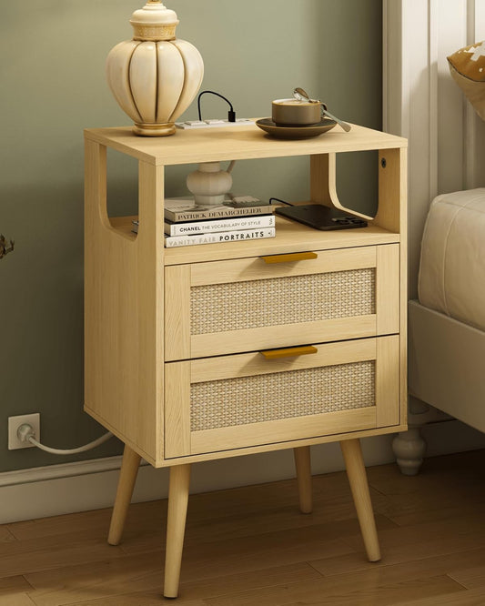 Rattan Nightstand with Charging Station,Modern Bedside Table with 2 Storage Drawer and Open Wood Shelf, for Bedroom and Small Spaces,Night Stand with Solid Wood Legs (Yellow Oak)
