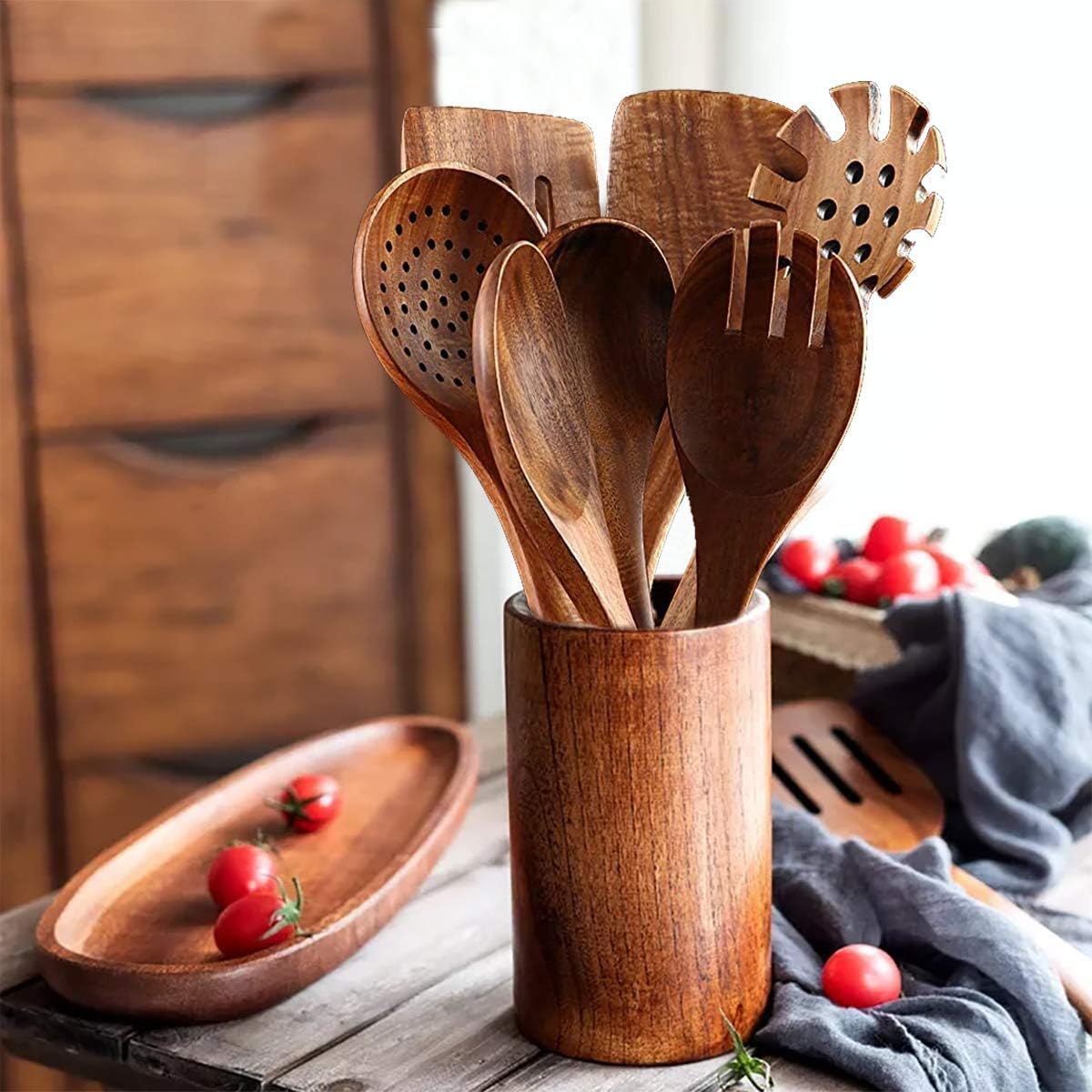 Wooden Spoons for Cooking,10 Pcs Natural Teak Wooden Cooking Utensils Wooden Kitchen Utensils Set Wooden Utensils for Cooking Wooden Spatulas for Cooking