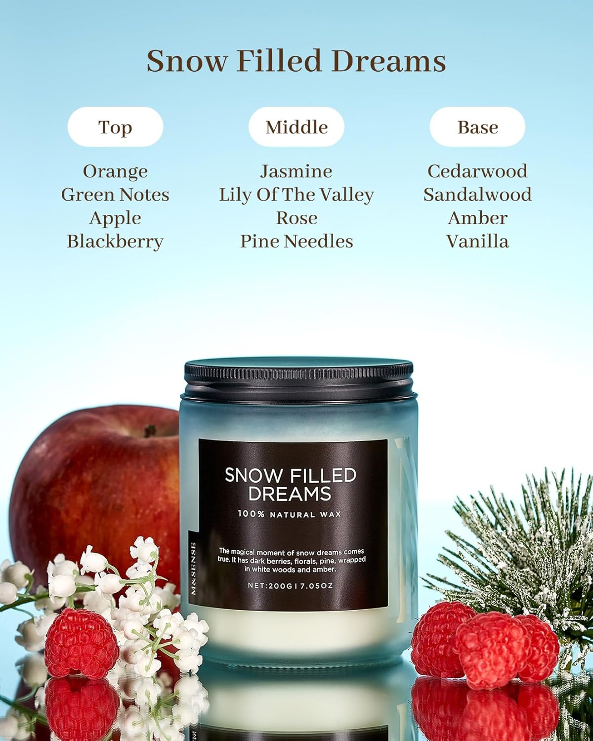 M&SENSE Snow Filled Dream - Jasmine & Pine Scented Natural Soy Wax Cotton Wick Candle for Home Decor, 7.05oz 50 Hours Long Lasting Winter Scent Holiday Gifts for Women Men