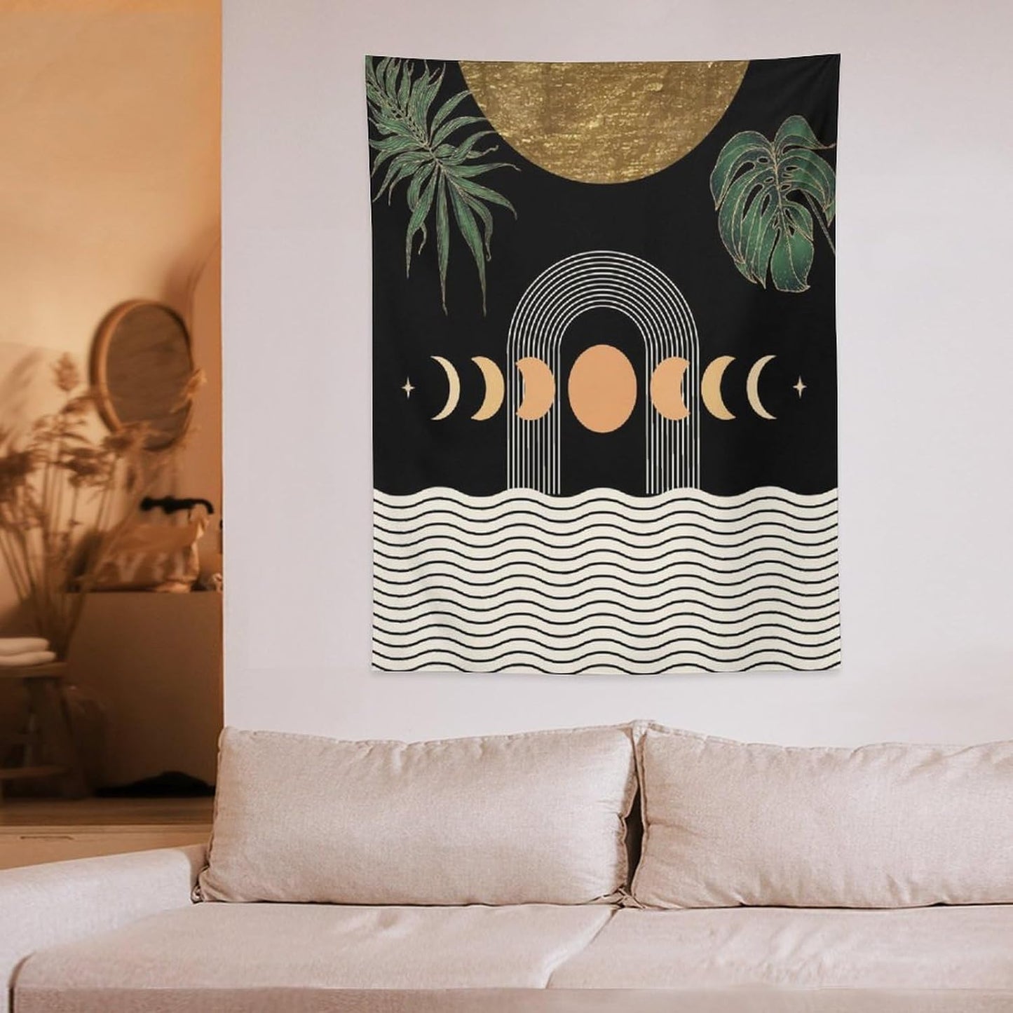 Abstract Boho Tapestry, Mid Century Tropical Tree Leaves Modern Geometric Arch Bohemian Botanical Tapestry, Home Aesthetic Wall Hanging Art Decor for Living Room Bedroom Dormitory 40x60 Inch