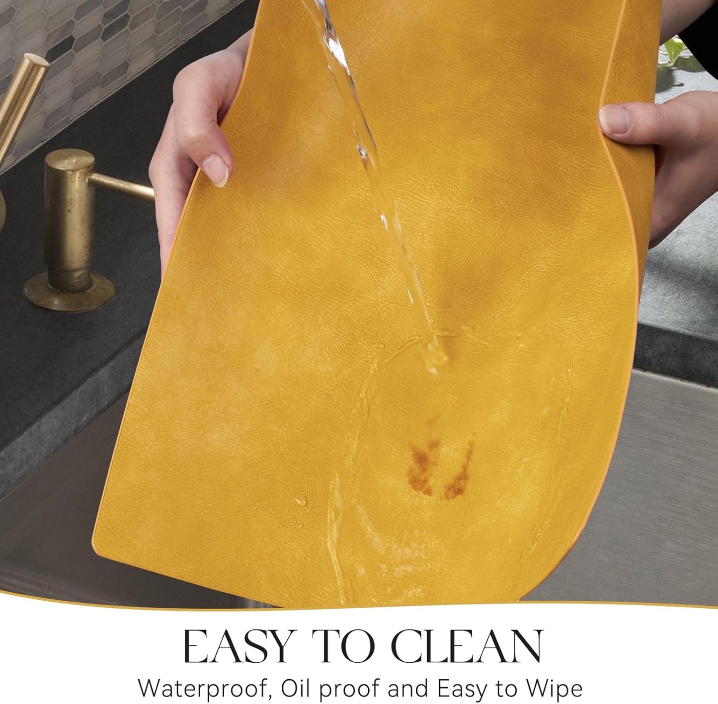 MOSAYT Vinyl Placemats Set of 4-12 X 17 Inch - Faux Leather 100% Waterproof Oil-Proof Wipeable PU Place Mats, Heat Resistant Reversible Table Mats for Kitchen, Dining, Outdoor (Yellow)