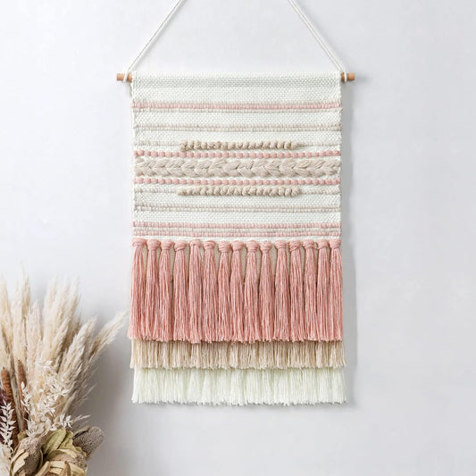 Dremisland Macrame Woven Wall Hanging Home Decor Bohemian Beige Geometric Wave Art Decor with Wool Ball and Tassle-Elegant Apartment Bedroom Dorm Room Door Decoration (Pink Line)