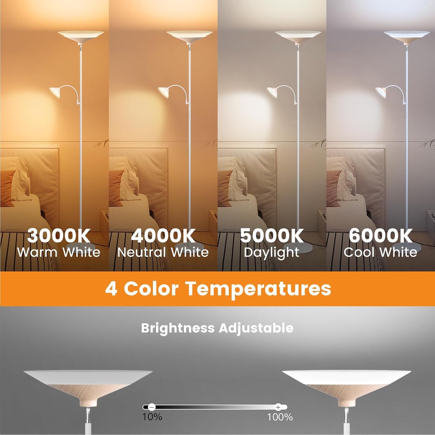 Torchiere Floor Lamp with Wood Grain Shade, 72" Dimmable LED Standing Lamp with Remote, 2-in-1 Floor Reading Lamp with Color Changing, 34W White Corner Lamp for Living Room Bedroom Office